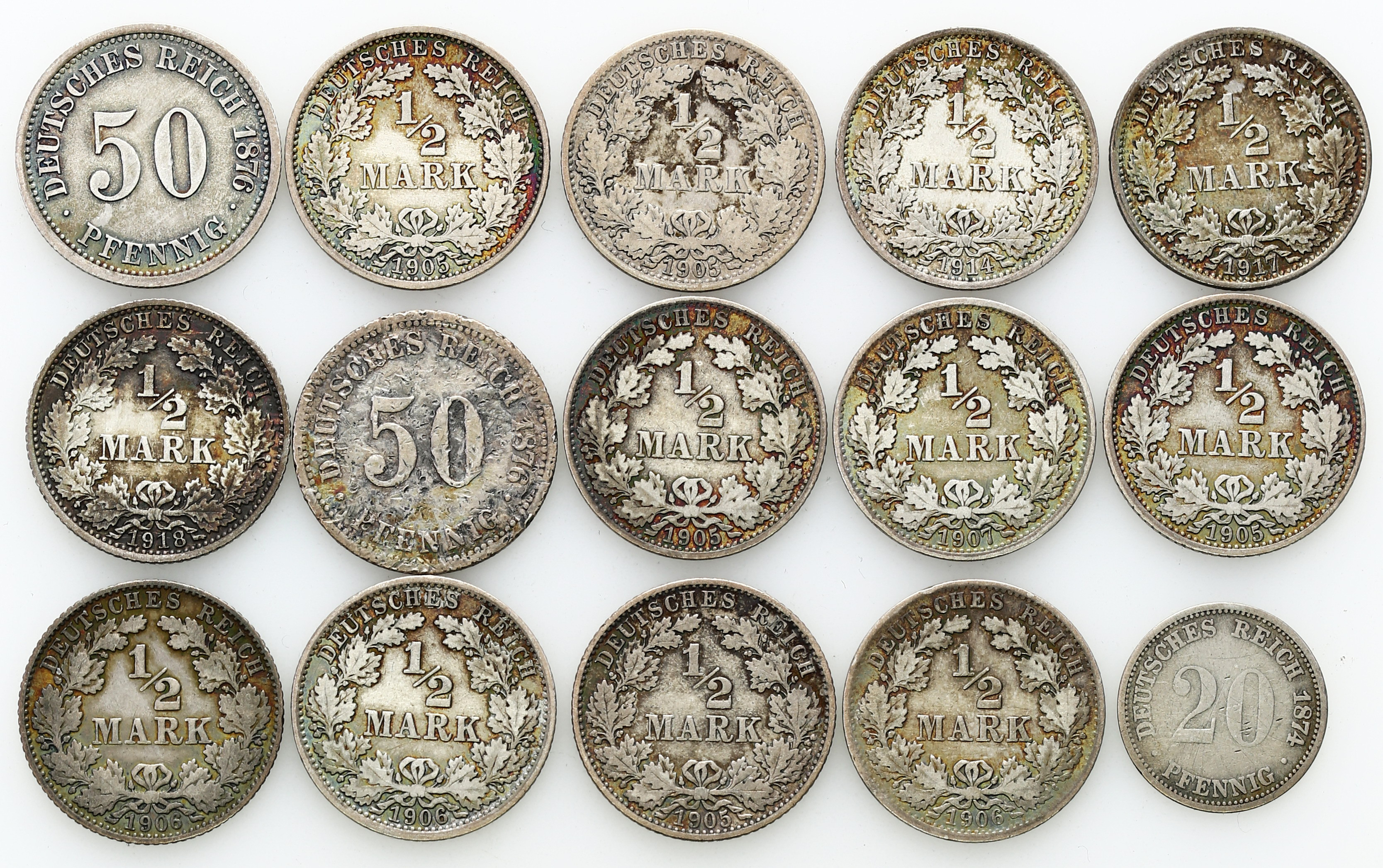 Niemcy. 20 - 50 fenigów 1888 - 1917, zestaw 15 sztuk